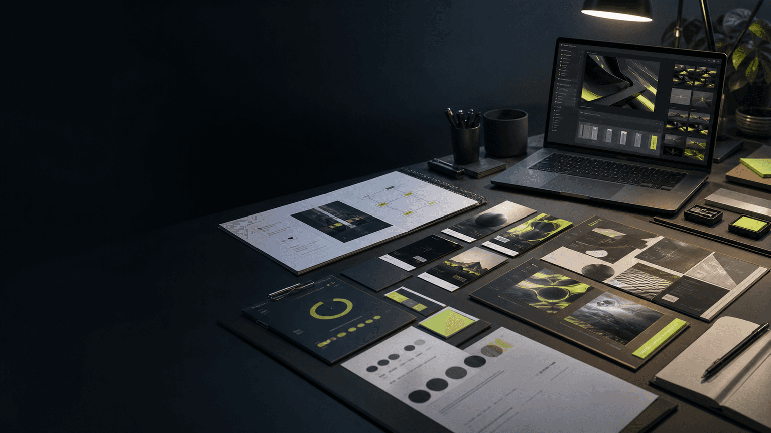 Dark agency presentation table with multiple creative boards for Seedream 5.0 Pro use case background