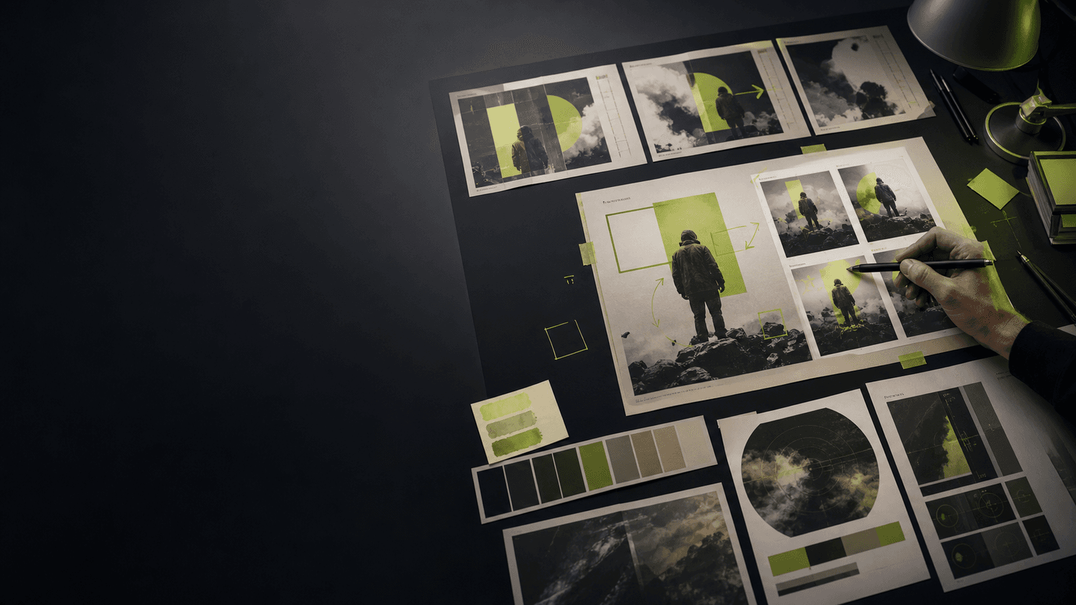 Dark brand marketing moodboard with poster layouts and color swatches for Seedream 5.0 Pro use case background
