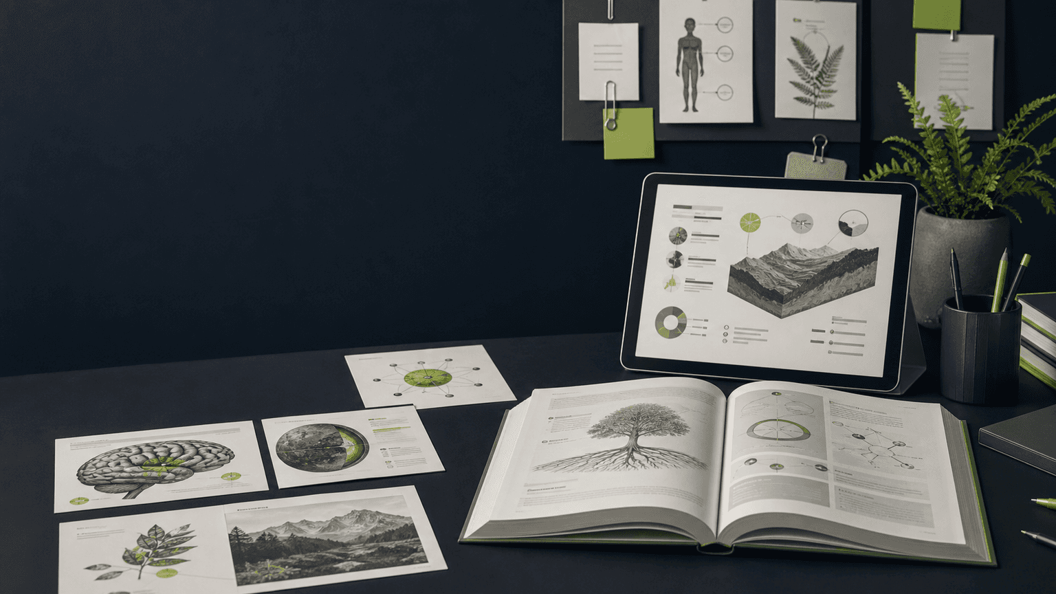 Dark education publishing background with open book and infographic diagrams for Seedream 5.0 Pro use case
