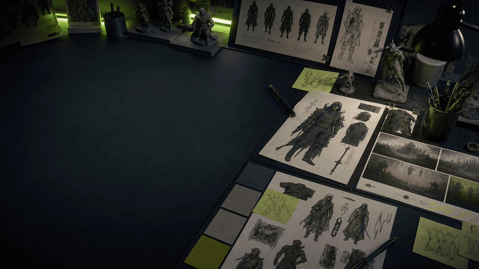Dark game character concept art board for Seedream 5.0 Pro use case background