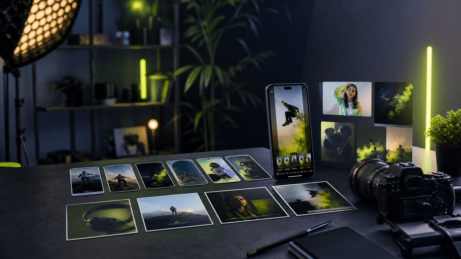 Dark social media creator studio with floating video frames for Seedream 5.0 Pro use case background