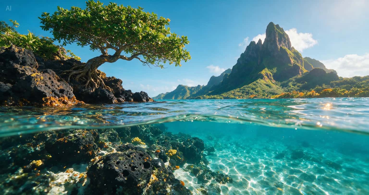 Seedream 5.0 Pro AI-generated tropical island scene with split-level ocean water and mountain landscape