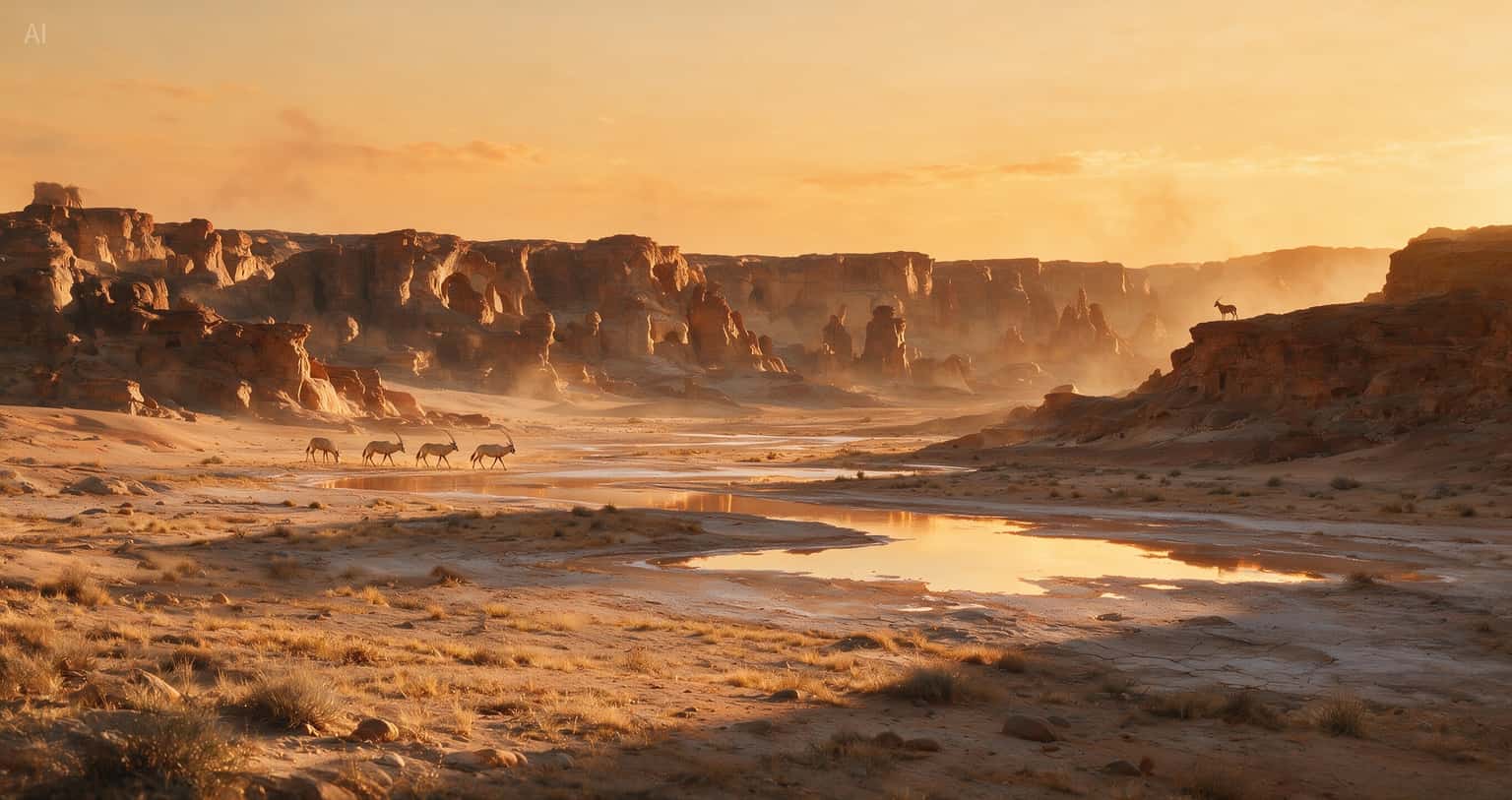 Seedream 5.0 Pro AI-generated desert canyon landscape with warm sunset light and antelope silhouettes
