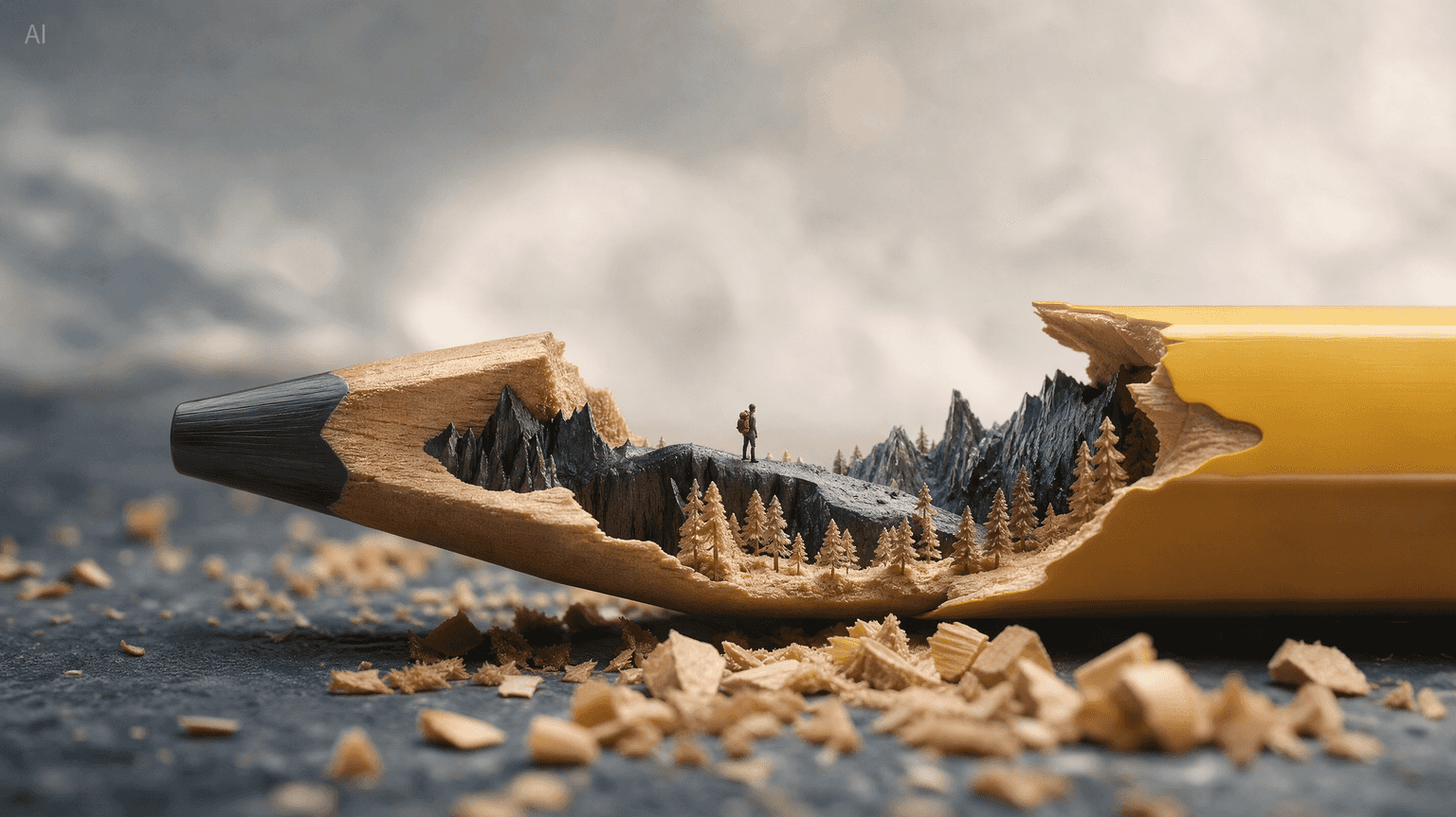 Seedream 5.0 Pro AI-generated miniature mountain world carved inside a yellow pencil