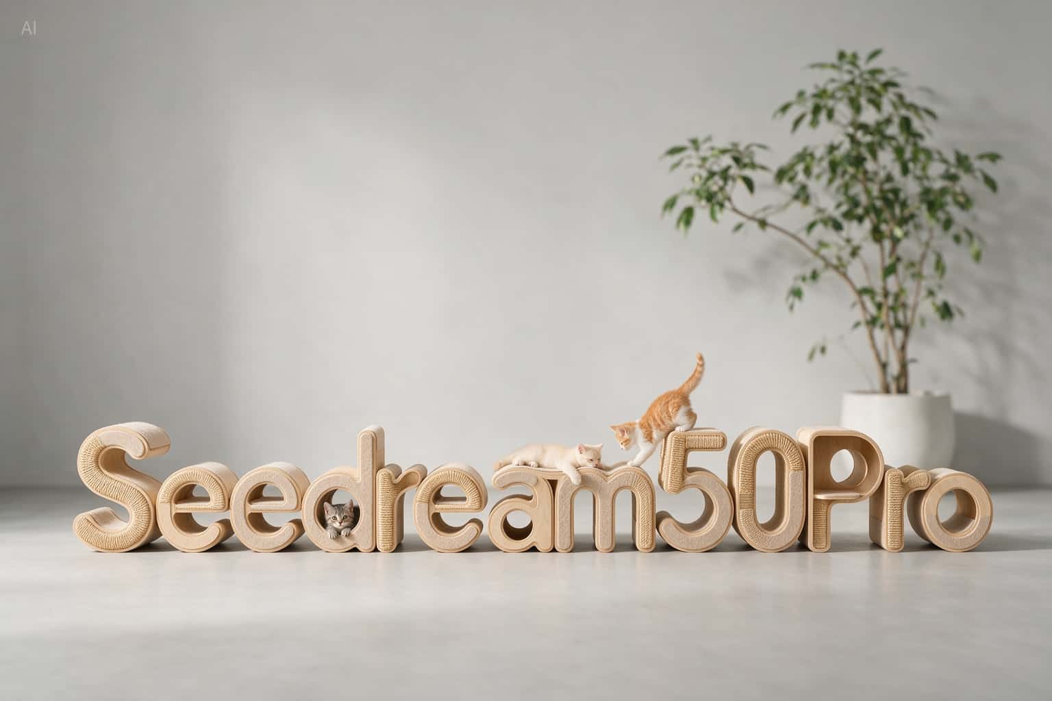 Seedream 5.0 Pro AI-generated brand text sculpture with small cats and indoor plant background